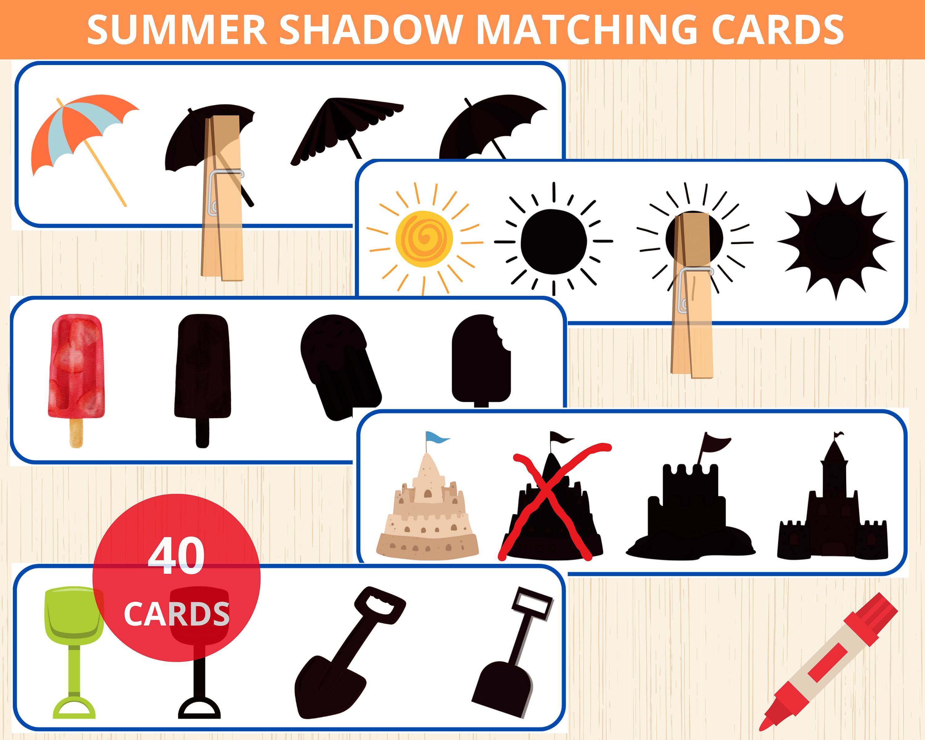 summer shadow Matching Games,summer matching activity,summer unit study,summertime preschool,summer cards,silhouette game,shadow match,prek