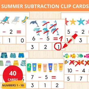 May include: A set of 40 summer-themed subtraction clip cards for kids. The cards feature colorful images of beach chairs, starfish, fish, and sunscreen bottles. Each card has a subtraction problem with numbers 1-10. The cards are designed to help children learn basic subtraction skills.