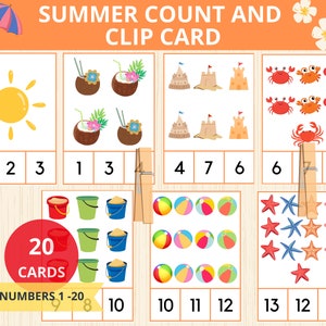 Tarjetas de conteo y recorte de verano, números del 1 al 20, matemáticas preescolares, jardín de infantes, Montessori para la escuela en casa, actividad de conteo, carpeta de actividades para niños pequeños, tarjetas didácticas