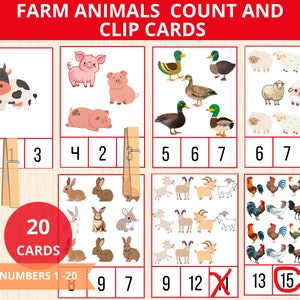 Tarjetas para contar y recortar animales de granja, estudio de unidad de la granja, preescolar de la granja, reconocimiento de números, conteo preescolar, números del 1 al 20, actividad de granja para niños