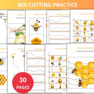 May include: A collection of 30 pages of bee-themed cutting practice worksheets. The pages feature illustrations of bees, honeycombs, and other related images, with dotted lines for cutting practice. The title "BEE CUTTING PRACTICE" is displayed at the top.