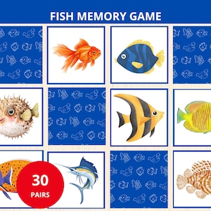 May include: A Fish Memory Game with illustrations of different fish. The game has 30 pairs of cards, each showing a different fish, such as a goldfish, angelfish, and pufferfish. The card backs are blue with white fish patterns. The game is designed for memory skills.