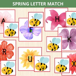 Combinación de letras de primavera, combinación del alfabeto de primavera, abeja y flor del alfabeto, letras preescolares, reconocimiento de letras, juego Montessori ABC, minúsculas prek