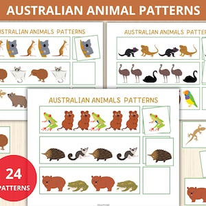 Może przedstawiać: Drukowana karta pracy z 24 wzorami australijskich zwierząt. Karta pracy zawiera obrazy zwierząt, takich jak koala, kangury, echidny i wombaty. Tekst "AUSTRALIAN ANIMALS PATTERNS" pojawia się na górze każdej strony.