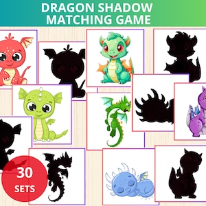 cartões de correspondência de sombra de dragão, aniversário de dragão fofo, quebra-cabeça de dragão bebê, atividade de dragão, jogo de sombra, atividades pré-escolares, jogo de dragão, conto de fadas