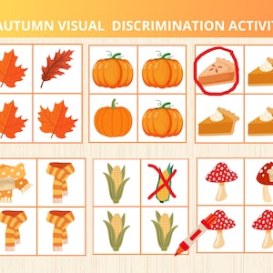 Può includere: Una scheda di attività di discriminazione visiva autunnale con sei griglie contenenti illustrazioni di foglie d'acero, zucche, fette di torta, sciarpe, mais e funghi, completata da mollette di legno e un pennarello rosso per le selezioni.