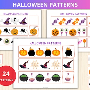 Op de afbeelding: Werkbladen met Halloween-patronen met diverse griezelige illustraties. De werkbladen tonen pompoenen, geesten, heksenhoeden, spinnen, snoep en toverdrankflessen. De tekst "Halloween Patterns" staat bovenaan elk werkblad. Het nummer "24" staat in een rode cirkel.