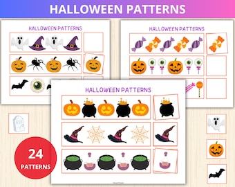 halloween Patterns,halloween Montessori,pattern worksheet,Homeschool Learning,halloween Activity for Kids,what comes next,sequence game,prek