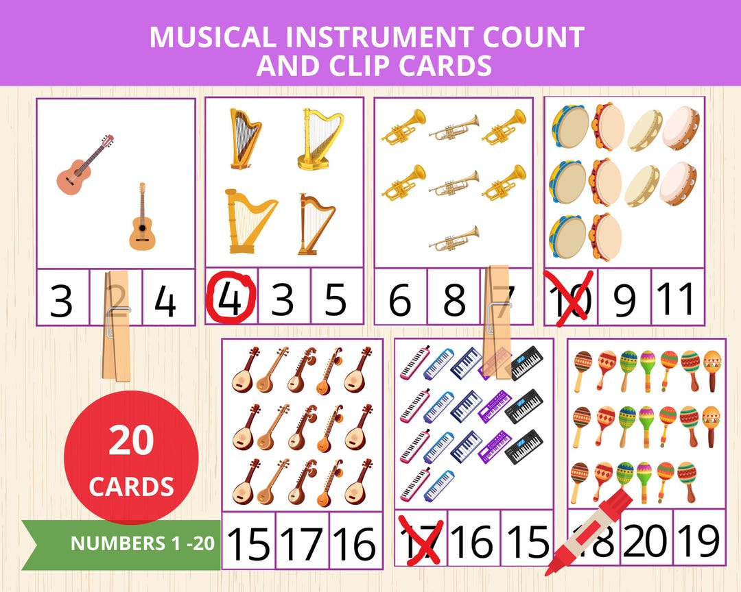 Math Counting Instrument Musical Instrument Count and Clip,counting Clip Cards,music Math ...