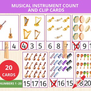 May include: Educational flashcards featuring musical instruments. The cards display illustrations of guitars, harps, trumpets, tambourines, mandolins, keyboards, and maracas. Numbers 1-20 are included, with some crossed out. The text reads "MUSICAL INSTRUMENT COUNT AND CLIP CARDS" and "20 CARDS NUMBERS 1-20".