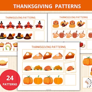 May include: Thanksgiving-themed patterns featuring turkeys, pilgrim hats, Native American headdresses, pumpkin pie slices, roasted turkeys, pumpkins, and mugs of hot cocoa. The image includes the text "Thanksgiving Patterns" and "24 Patterns."