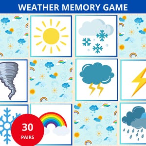 May include: A weather memory game with 30 pairs of cards featuring different weather conditions, including a sun, snow, lightning, a rainbow, a tornado, and clouds with rain.