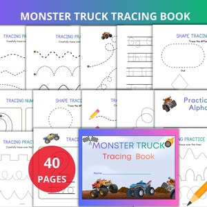 monster truck tracing,preschool tracing activity,prewriting worksheets,kindergarten handwriting,Monster truck party,tracing sheets,early writing practice