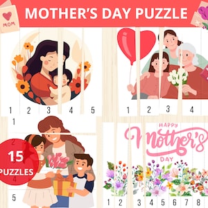 以下が含まれることがあります： 15ピースの母の日パズル。パズルには、花、ハート、そして「Happy Mother's Day」という文字が書かれたカラフルなイラストが描かれています。