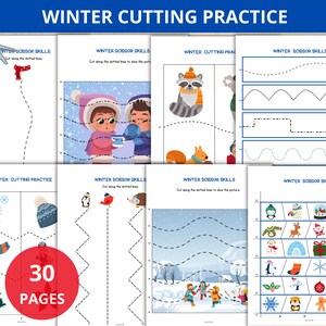 Könnte beinhalten: Ein Satz von 30 druckbaren Winter-Schere-Übungsblatt für Kinder. Die Arbeitsblätter zeigen verschiedene Winterszenen und -objekte, darunter Pinguine, Schneemänner, Schneeflocken und Weihnachtsbäume. Jedes Arbeitsblatt hat gepunktete Linien, die Kinder entlang schneiden können, um ihre Scherenkenntnisse zu üben.