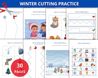 Práctica de corte de invierno, tiras de tijeras de invierno, habilidades de tijera para preescolares, líneas de corte de invierno, tiras de corte de invierno, actividad de invierno para niños