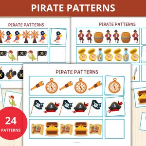 May include: A set of pirate-themed pattern cards with illustrations of pirate ships' wheels, parrots, flags, bombs, compasses, telescopes, treasure chests, and pirate hats. The cards also display the text "PIRATE PATTERNS" and "24 PATTERNS".