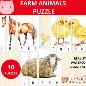 Rompecabezas de animales de granja, actividad de granja, juego de combinación de granja, reconocimiento de letras, aprendizaje interactivo, actividad imprimible Montessori para niños pequeños, Prek.