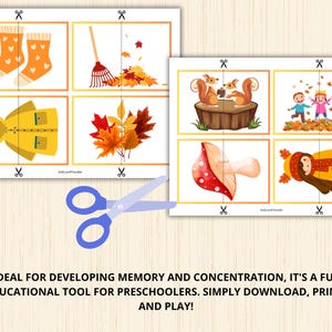 May include: A printable memory game featuring autumn-themed images. The images include a pair of yellow rain boots, a rake with leaves, a pile of autumn leaves, a pair of yellow socks, a squirrel, a mushroom, a girl wearing a yellow jacket, and two children playing in leaves.