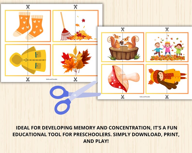May include: A printable memory game featuring autumn-themed images. The images include a pair of yellow rain boots, a rake with leaves, a pile of autumn leaves, a pair of yellow socks, a squirrel, a mushroom, a girl wearing a yellow jacket, and two children playing in leaves.