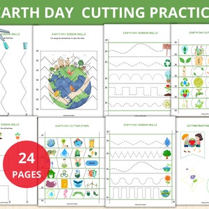 May include: A set of 24 printable Earth Day themed scissor skills worksheets for kids. The worksheets feature various cutting practice activities, including cutting along dotted lines, cutting out shapes, and cutting strips. The worksheets are decorated with illustrations of Earth, trees, flowers, and other Earth Day symbols.