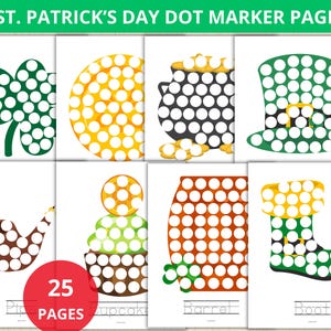Op de afbeelding: Een set van 25 printbare St. Patrick's Day stippenmarkerpagina's met verschillende Ierse afbeeldingen, waaronder een klavertjevier, een pot met goud, een kaboutermuts, een pijp, een cupcake, een vat en een laars. Elke afbeelding is omlijnd met witte stippen die kinderen kunnen inkleuren met stippenmarkers.