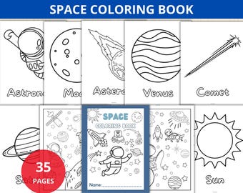 May include: A collection of space-themed coloring pages, including an astronaut, moon, asteroid, Venus, and comet. The cover of the coloring book features a rocket, astronaut, and the text "SPACE COLORING BOOK". The set includes 35 pages.