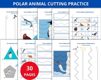 Práctica de corte de animales polares, tiras de corte de animales polares, actividad de corte de animales árticos, habilidades de tijera para preescolares, estudio de unidad de animales polares