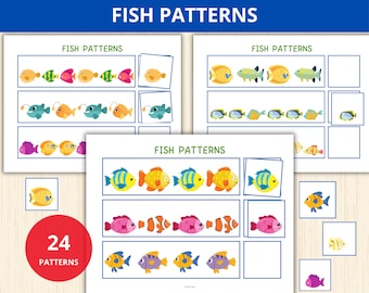 Puede incluir: Una hoja de trabajo imprimible con 24 patrones de peces. La hoja de trabajo está dividida en secciones con peces de diferentes colores. Los peces tienen diferentes patrones y colores. La hoja de trabajo se titula "Patrones de peces".