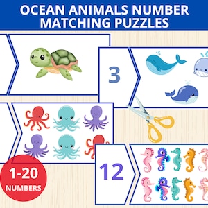oceaandieren: cijferpuzzels, zeedierenpuzzel, telactiviteit, kleuterschool, cijferpuzzel, wiskundepuzzels, wiskundige vaardigheden, cijfers 1 - 20