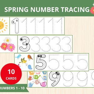 Strips voor het traceren van nummers, lente voorschoolse, handschriftactiviteit, nummertracering, traceerkaarten voor kleuters, gestippelde cijfers, natuur kleuterschool