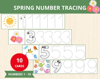 Spring number tracing strips, Spring preschool, handwriting activity,Number Tracing, Preschool Tracing Cards,dotted numbers,Nature Preschool