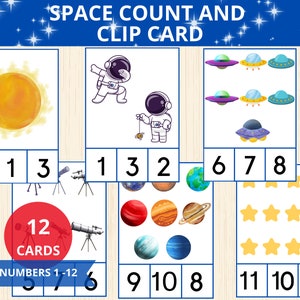宇宙カウントとクリップカード、宇宙アクティビティ、1～10の数字、幼稚園算数、幼稚園、宇宙モンテッソーリ算数、カウントアクティビティ、フラッシュカード