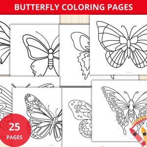 Puede incluir: Un conjunto de 25 páginas para colorear imprimibles que presentan contornos en blanco y negro de mariposas. Las mariposas están en varias poses y tienen diferentes patrones de alas.