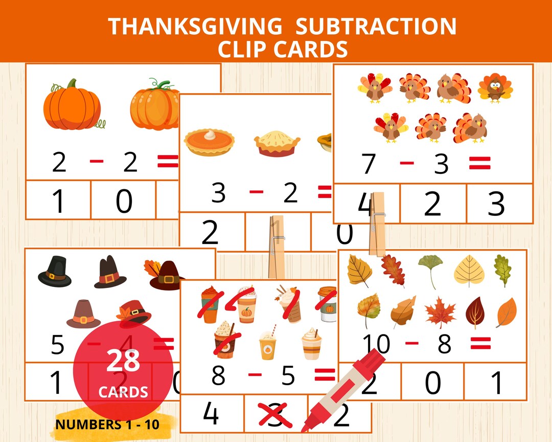 Thanksgiving Subtraction Clip Card,autumn Subtraction Activity ...