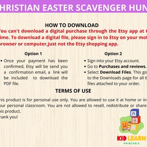 Pode incluir: Uma folha de instru&ccedil;&otilde;es de download digital para uma ca&ccedil;a ao tesouro de P&aacute;scoa crist&atilde; imprim&iacute;vel. A folha inclui instru&ccedil;&otilde;es sobre como baixar a impress&atilde;o do Etsy, bem como os termos de uso do produto.