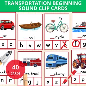 Sonido inicial de transporte, sonido de letra de vehículo, vocabulario de transporte, sonidos del alfabeto de transporte, fonética de vehículos, letra inicial de automóvil