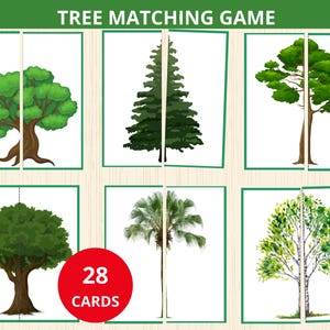 Trädmatchning, trädpussel, matchning av trädhalvor, naturförskola, vårmatchningsaktivitet, Montessorimatematik, naturhemskola, tvåbitspussel