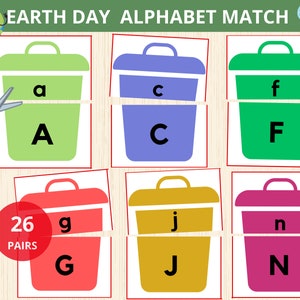 Juego de emparejamiento del alfabeto del Día de la Tierra, Actividad preescolar de primavera, Juego de emparejamiento de letras, Rompecabezas ABC, Reconocimiento de letras, Tarjetas del alfabeto