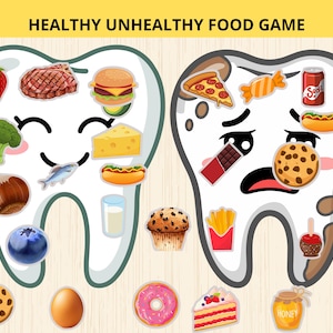 Puede incluir: Un juego educativo colorido titulado "HEALTHY UNHEALTHY FOOD GAME" con dos dientes de dibujos animados. Un diente muestra alimentos saludables como fresas y brócoli, mientras que el otro muestra alimentos poco saludables como pizza y dulces. El juego está diseñado para enseñar sobre las opciones alimentarias.