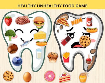 Healthy or Unhealthy Food Sorting Game,preschool nutrition food Sorting,Sad and Happy Tooth,Dental Health Printable,healthy eating game kids