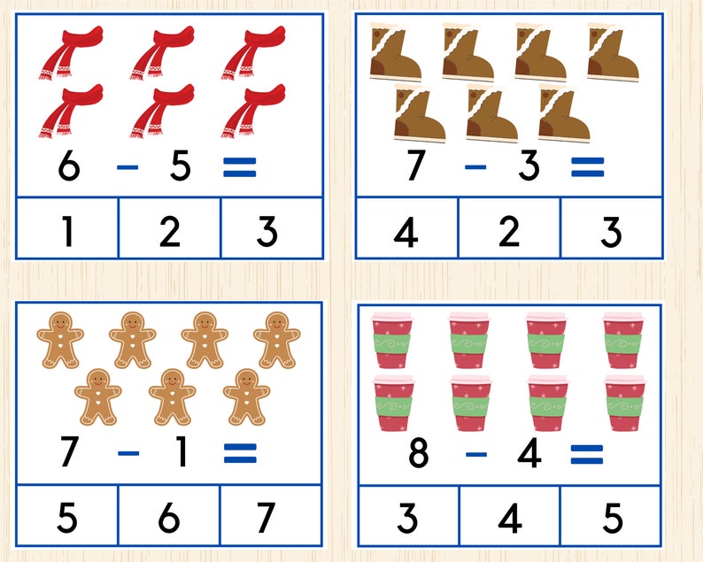 Winter Math Activities, Flashcards,1st Grade Math, Subtraction for Preschool and Kindergarten