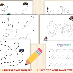 May include: A collection of white paper sheets with dotted lines for tracing practice. Each sheet features a different path, with small monster truck illustrations. A yellow pencil with a pink eraser is in the foreground. Text reads "TRACING PRACTICE" and "FILES ARE NOT EDITABLE".