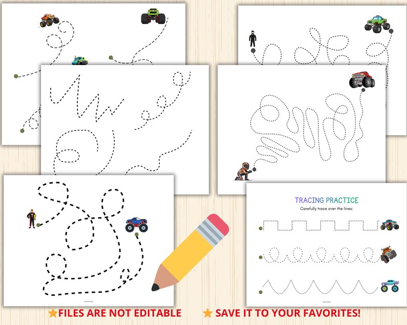 May include: A collection of white paper sheets with dotted lines for tracing practice. Each sheet features a different path, with small monster truck illustrations. A yellow pencil with a pink eraser is in the foreground. Text reads "TRACING PRACTICE" and "FILES ARE NOT EDITABLE".