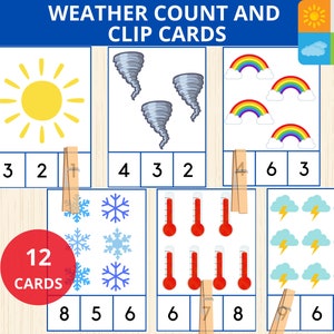 Comptage météo et cartes à clip, numéros 1-10, préscolaire, activités météo, météo préscolaire, maternelle, feuilles de travail, activité mathématique, carte flash