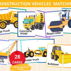 May include: A set of 28 construction vehicle matching cards. The cards feature illustrations of a dump truck, concrete mixer, road roller, wrecking ball crane, grader truck, and bulldozer. Each card has a name of the vehicle printed below the illustration.