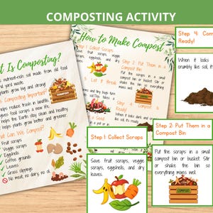 May include: Educational composting activity guide with text and illustrations. The guide explains what composting is, why it's important, and how to make compost. Includes images of fruit scraps, eggshells, and a compost bin. The title reads "Composting Activity."