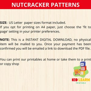 Pu&ograve; includere: Grafica scaricabile digitalmente con la scritta "NUTCRACKER PATTERNS" in rosso. L'immagine include le istruzioni per la stampa e un logo con la scritta "KID LEARN PRINTABLE" con blocchi colorati e un libro.
