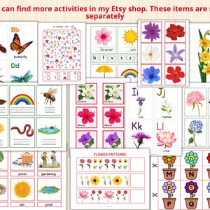 May include: A set of printable alphabet flashcards featuring colorful illustrations of flowers, insects, and other nature-themed images. The flashcards are designed to help children learn the alphabet and build vocabulary.