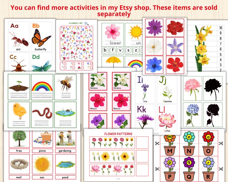 May include: A set of printable alphabet flashcards featuring colorful illustrations of flowers, insects, and other nature-themed images. The flashcards are designed to help children learn the alphabet and build vocabulary.